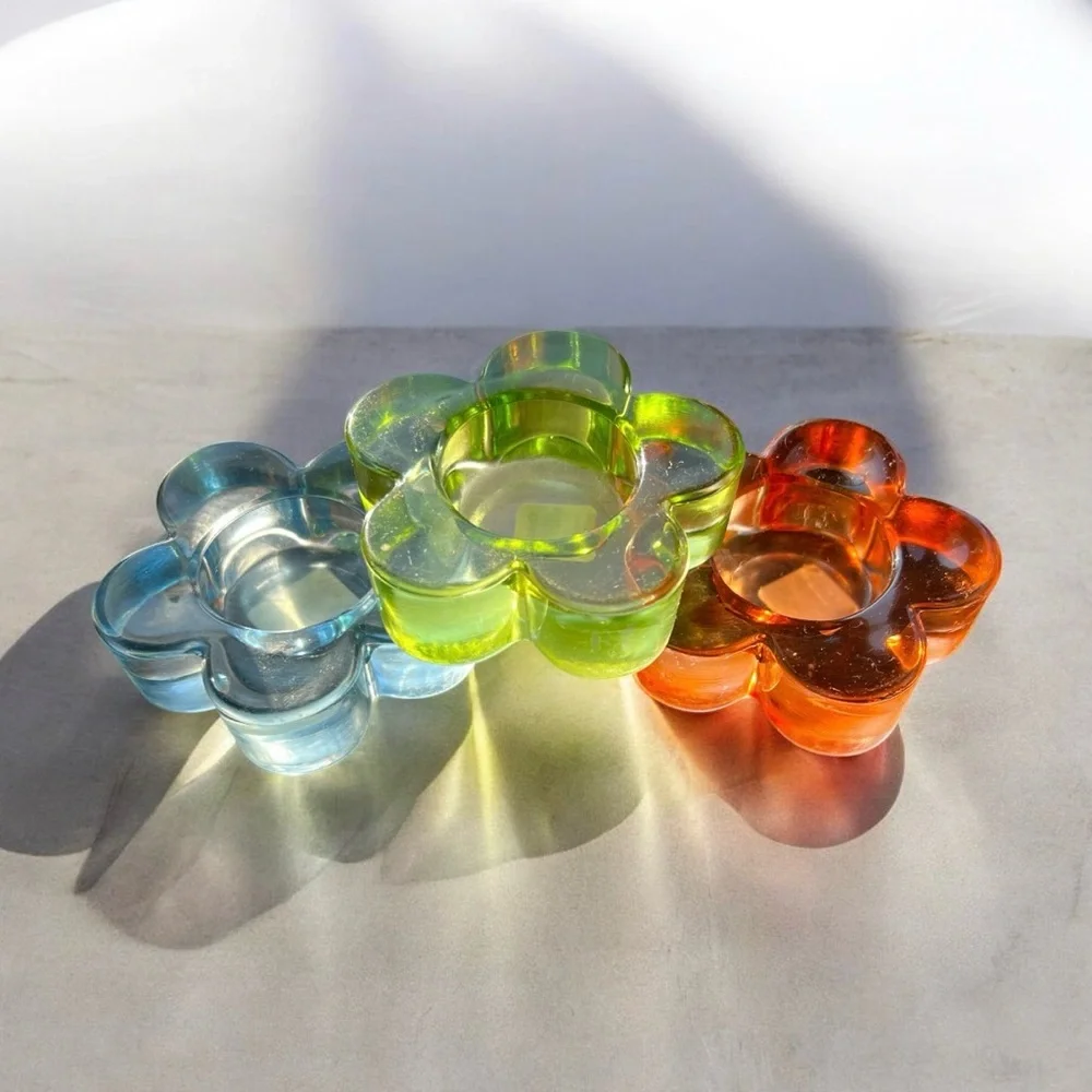 Crate&Barrel Multicolor Glass Flower Candle Holders